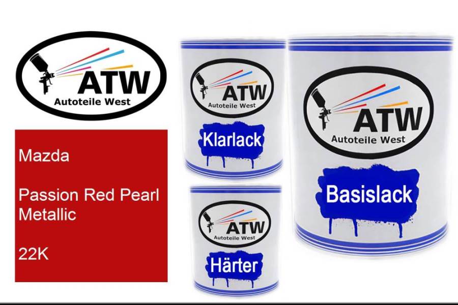 Mazda, Passion Red Pearl Metallic, 22K: 1L Lackdose + 1L Klarlack + 500ml Härter - Set, von ATW Autoteile West.